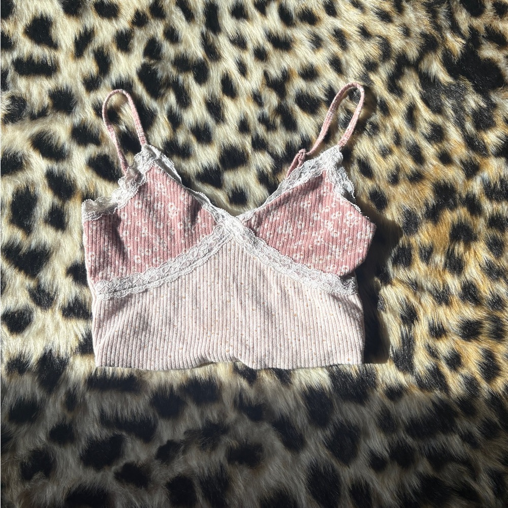 SHEIN Pink and Cream Lace Trim Cami Top